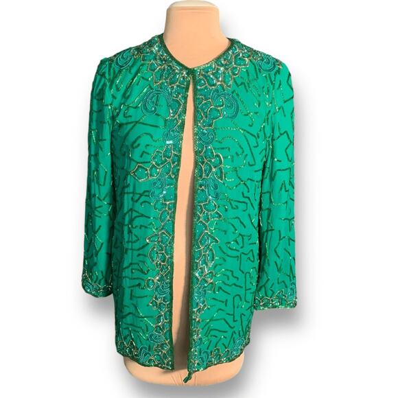 Vintage Jackets & Blazers - Vintage Razzle Dazzle Emerald Green Silk Beaded Open Front Evening Jacket